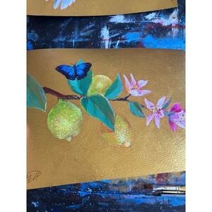 Original Painting butterfly on Gold Artwork Art Deco lemons tree Artettina USA